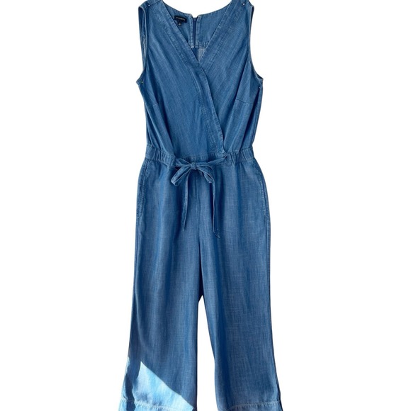 Talbots Pants - TALBOTS Denim Blue Tencel Sleeveless Belted Jumpsuit Back Zip Pockets Size 8 EUC